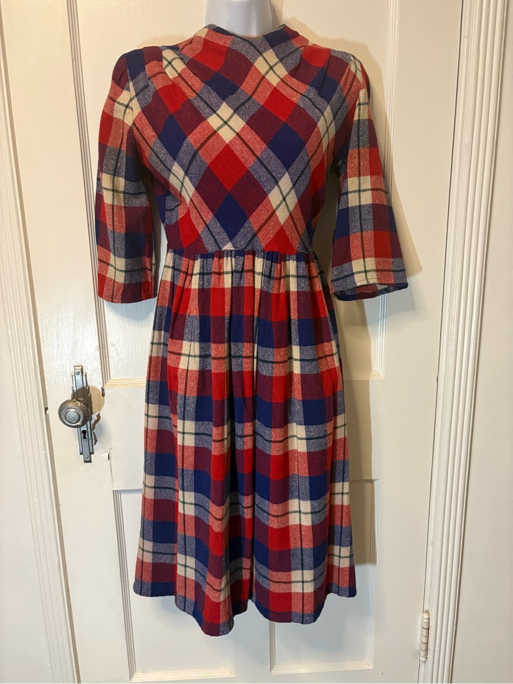 Vintage Red, Blue & Cream Plaid Midi Dress